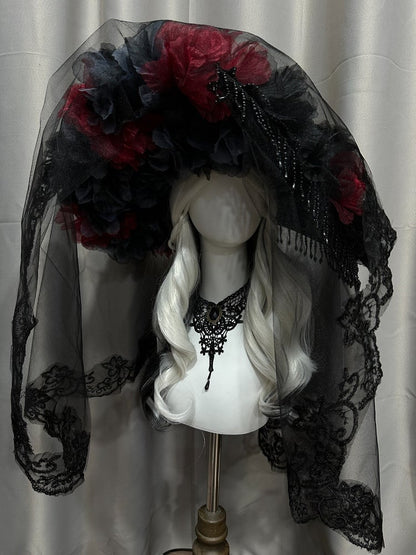 Black Red Gothic Floral Long Lace Trim Hat Beaded Tassel - Custom Made Earrings