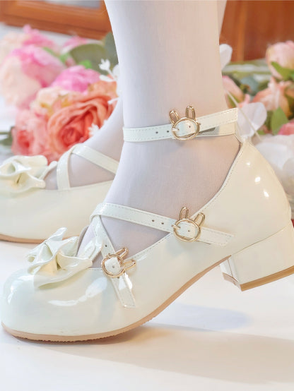 - with Lolita Leather Shoes Bow White Round PU Toe Low-heel Sweet