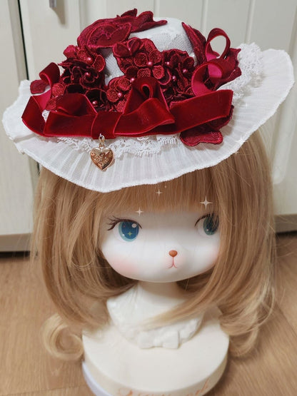Wine Bowknot Mini Lolita Flower and Velvet Gorgeous Hat Red