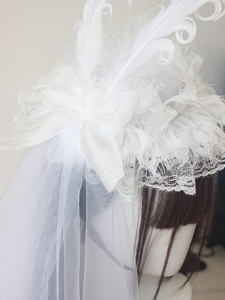 Hat with Black / Veil Mini Lolita White Flat