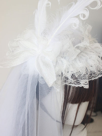 Hat with Black / Veil Mini Lolita White Flat