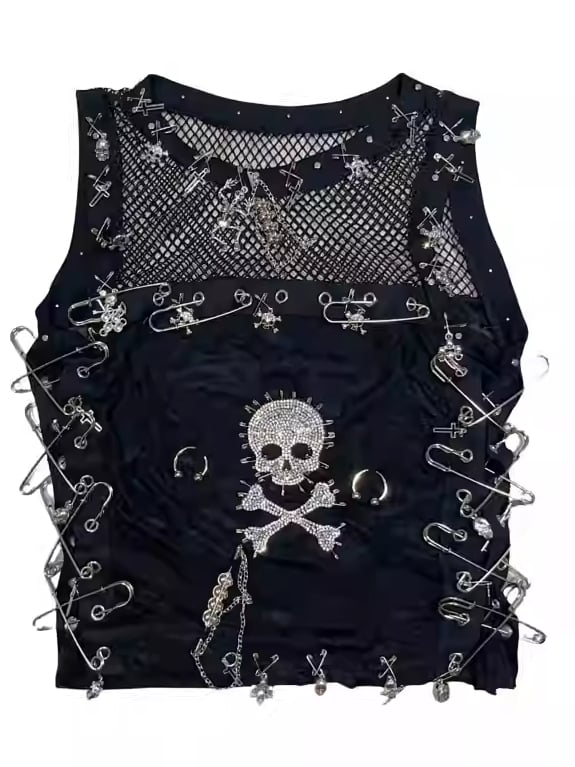 ディテールとラインストーンのノースリーブピントップスケルトンパンクブラックカットアウト装飾