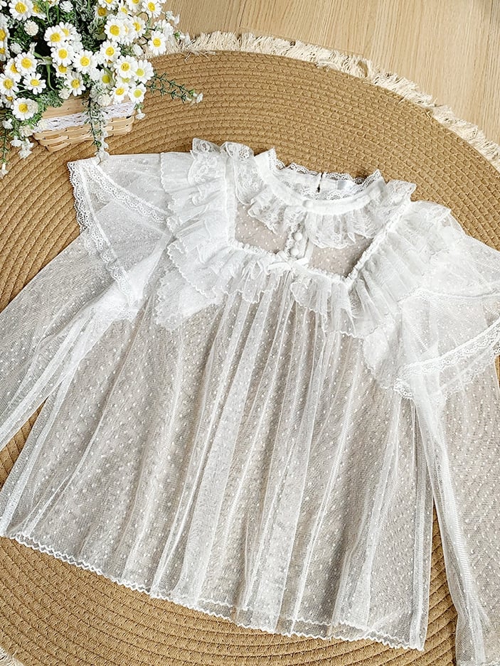 Sleeves Long Sheer Lace Dots Top Tulle White