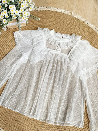 Sleeves Long Sheer Lace Dots Top Tulle White