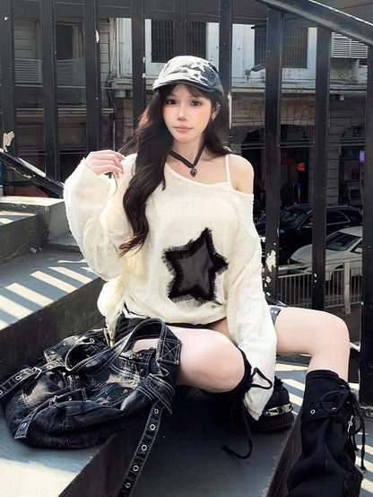 White with Graphic Detail Hole Hem Top Off-Shoulder Tie Star Distressed