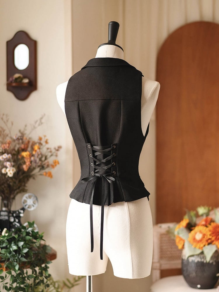 Blazer Waistcoat Collar Vintage Black Tailored