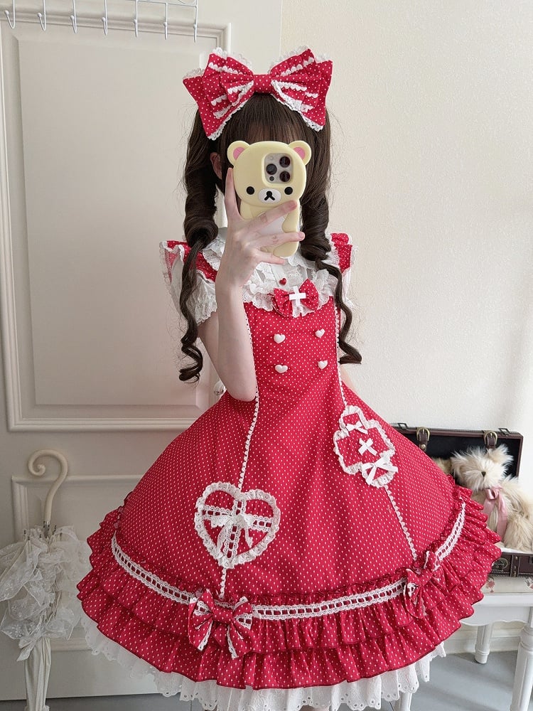 Rüschenmuster Saum Lagenkleid Polka-dot Lolita Red Nurse