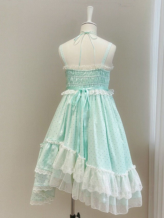 Polka Dot Bow Asymmetric Hem JSK Dress with Lace Choker - Tan Tuan