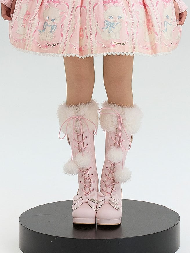 Plush PU Cuff Sweet Boots Bow Pink - with Lolita Accents Knee-High
