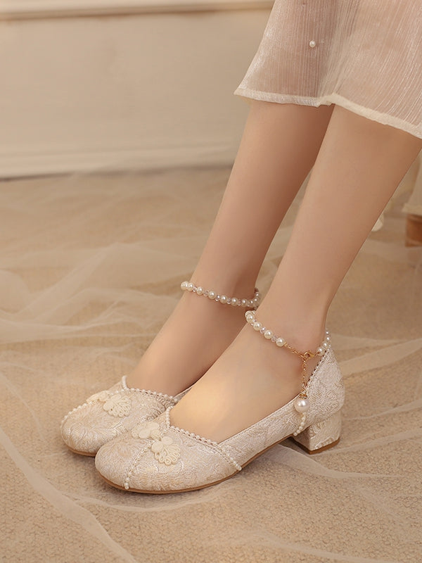 Frog Shoes Accent Beaded Qi Ankle Lolita Beige Strap Button Mid-heel