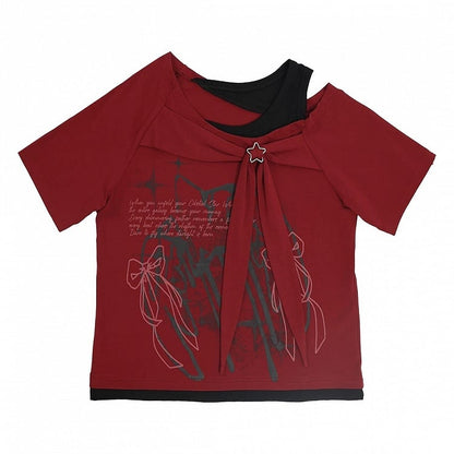 Cutout Shoulder Tee with Bow Print in Red - Catwish