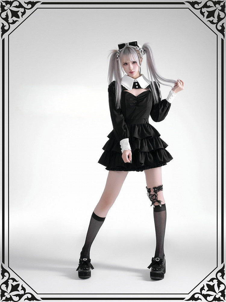 Black White Jirai Kei Collared Tiered Ruffle Dress Shorts Set - Fluffy Heart
