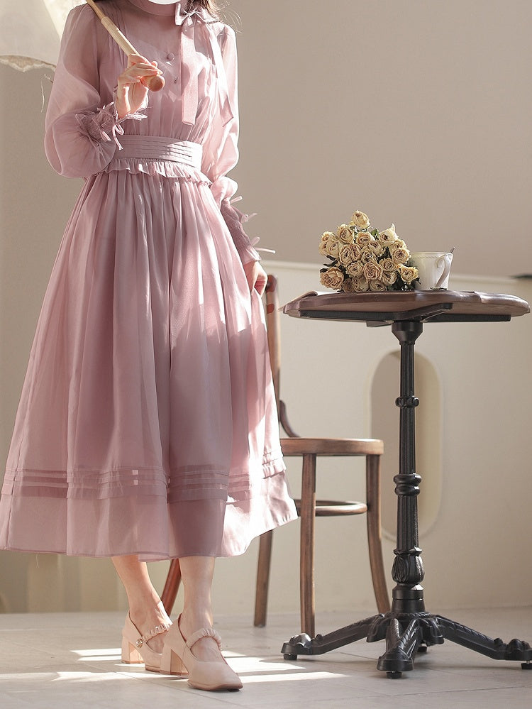 Manschetten Elastisches Mesh-Kleid Altrosa Elegante Details mit Bischofsärmeln Schleife