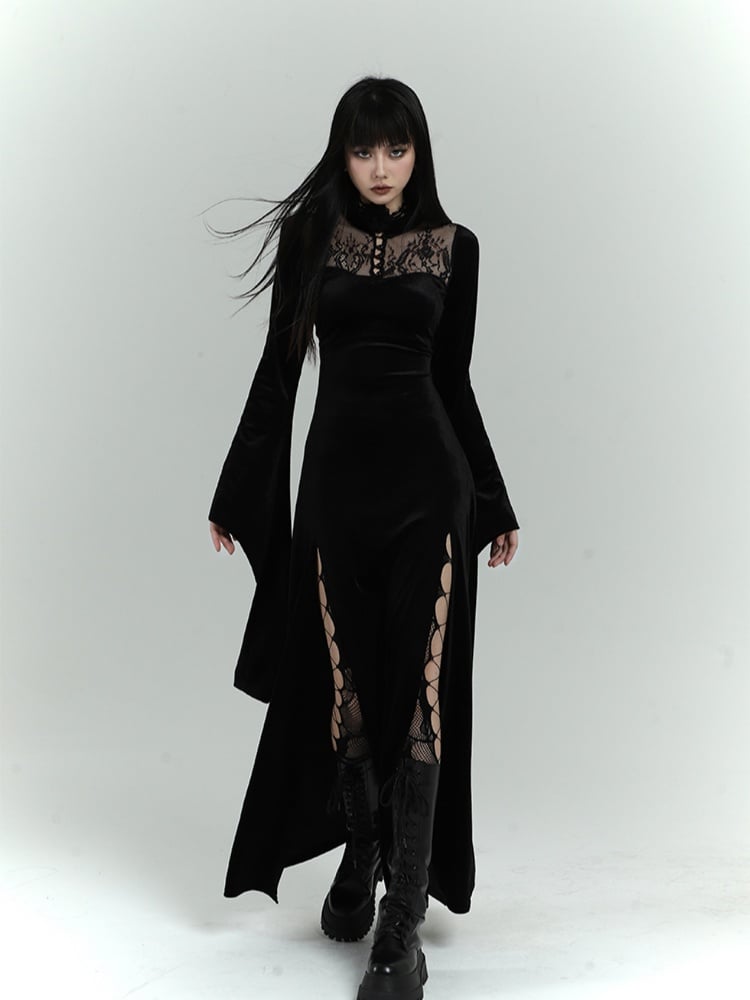 Gothic Black Velvet Contrast Lace Patches Bell Sleeves Side Slit Dress