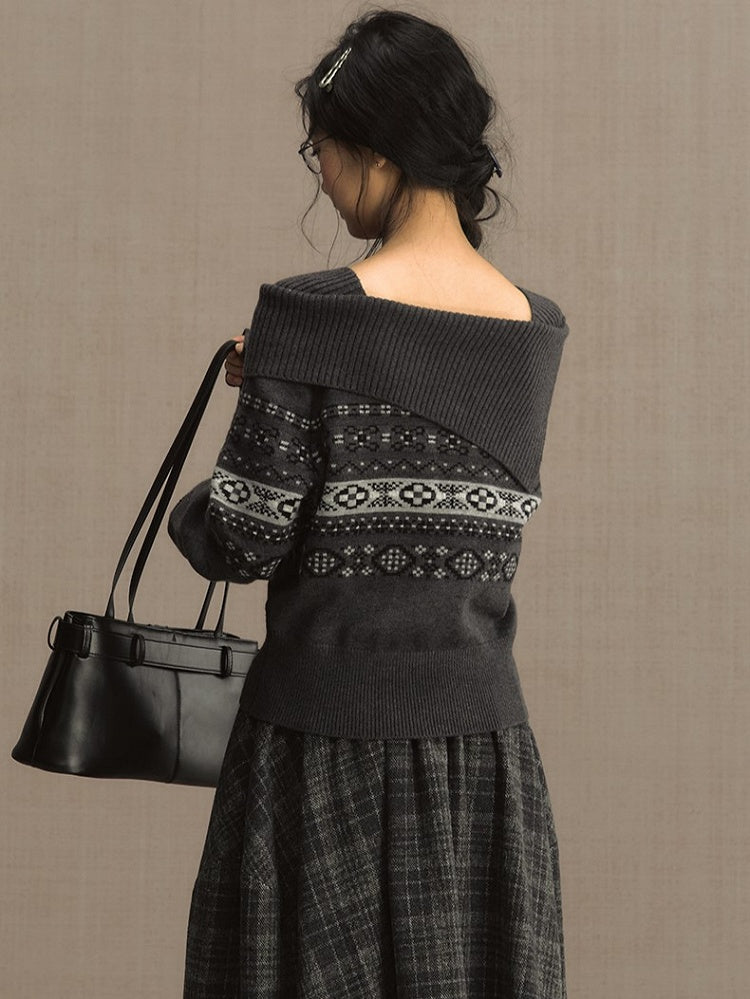 Gray/Blue Asymmetric Off-Shoulder Knit Sweater with Jacquard Details
