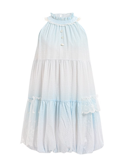 Leichter Rock mit Knöpfen, ärmelloses Kleid mit Neckholder, Bubble Blue, Rüschen, Perlen