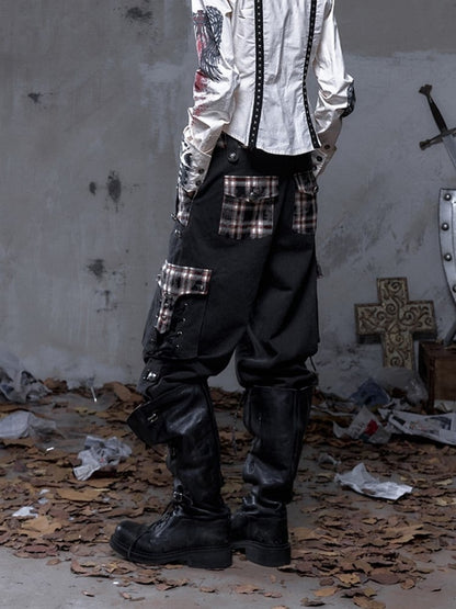 Black Plaid Punk Buttons with Metal Pants Vintage Cargo Patchwork