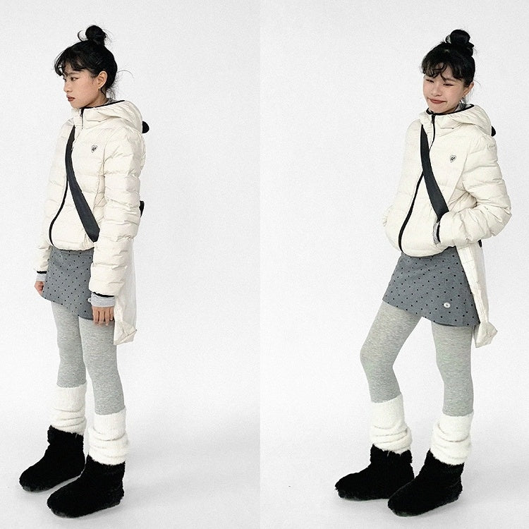 White Jacket Zipper Panda Ear with Decor Hood - Ribbed Daily Kawaii Down Front Hooded