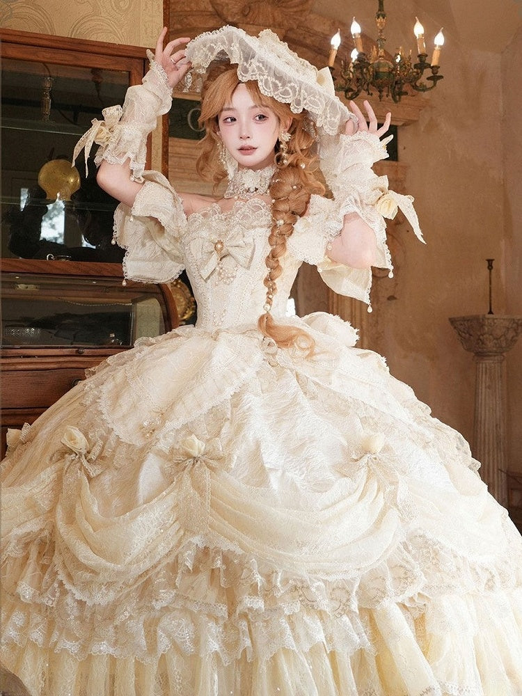 Hime Off-Shoulder Layered Hanayome Ruffles with Gown Lace Details Champagne and Bow Lolita Version Short