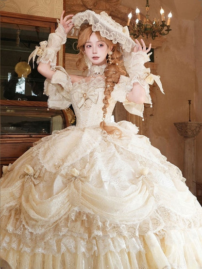 Hime Off-Shoulder Layered Hanayome Ruffles with Gown Lace Details Champagne and Bow Lolita Version Short