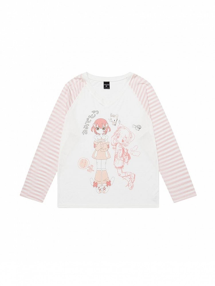 And Light Long Thin V-neck Blue/Pink Girl Top With Cartoon Sleeves Print Patterns Striped