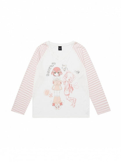 And Light Long Thin V-neck Blue/Pink Girl Top With Cartoon Sleeves Print Patterns Striped