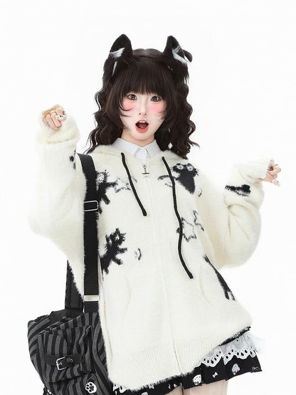 Hooded Kawaii Cat Jacket Patterns Star-shaped Zipper Knit Apricot/Grey Closure - Daily in