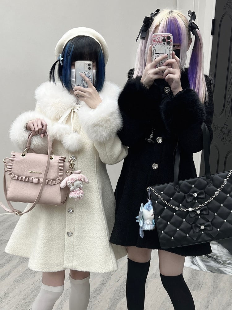 and Furry with Coat Kei Jirai Black Cuffs Slim-Fit Rhinestone-Embellished Collar