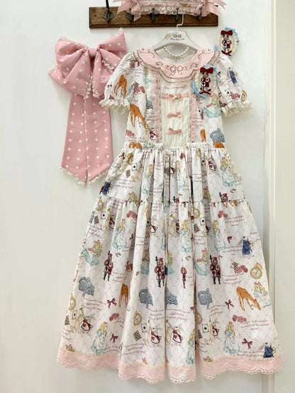 Rose Alice in Wonderland Print Round Neck Sweet Gown with Drawstring Waist - Forest Fairy Tales