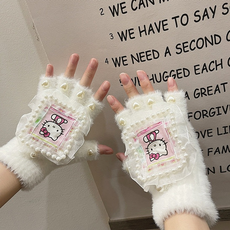 Schwarz/Weiße Plüschhandschuhe mit süßem Kätzchen-Print, Herzperlen, Spitzendetails