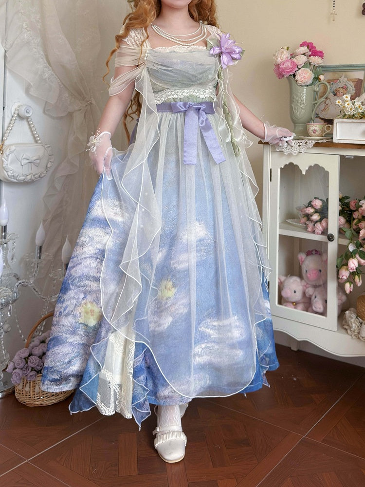 Artistic Print Empire Waist Lolita Gown with Cowl Neckline - Magic Skirt Cat