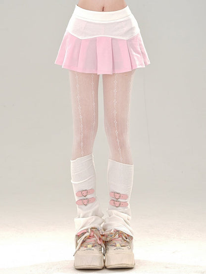 ピンク＆ホワイトのカラーブロックプリーツミニスカート