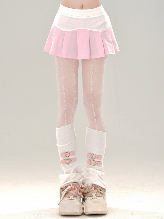 スカート ピンク ミニ カラーブロック プリーツ ホワイト