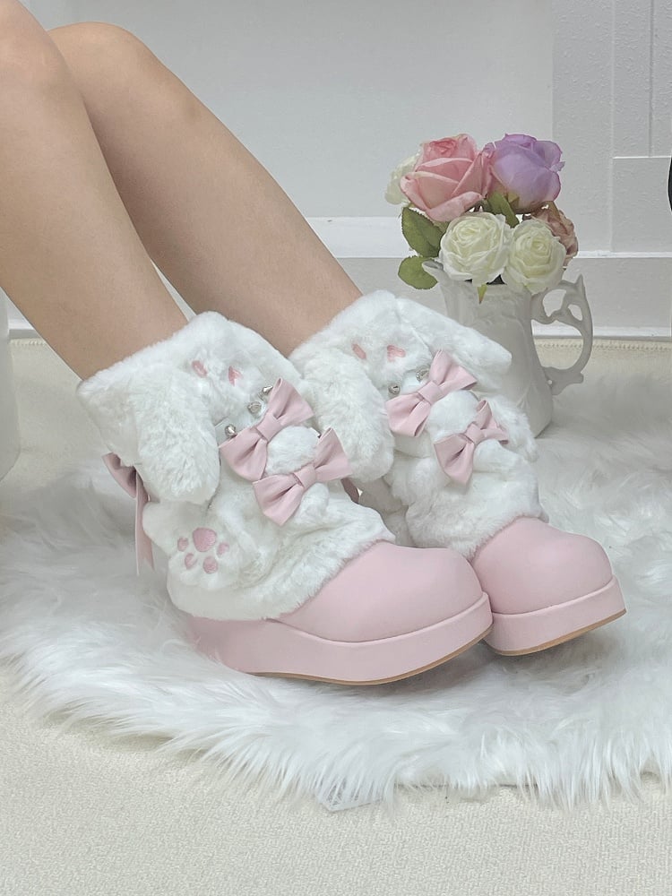 Winter Studded Edgy Ear Bunny Boots Regular Platform Sweet / Version Pink Fleece-Lined