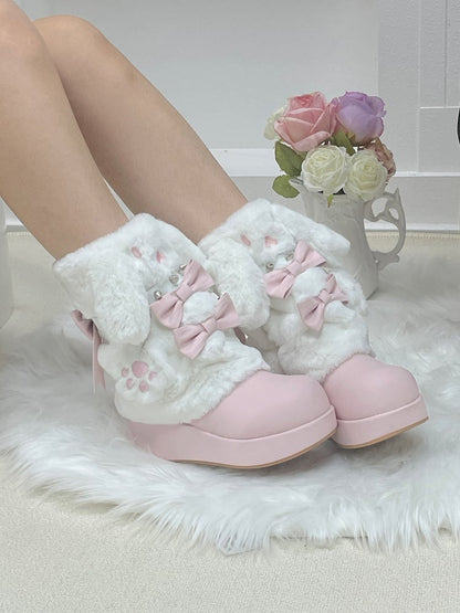 Winter Studded Edgy Ear Bunny Boots Regular Platform Sweet / Version Pink Fleece-Lined