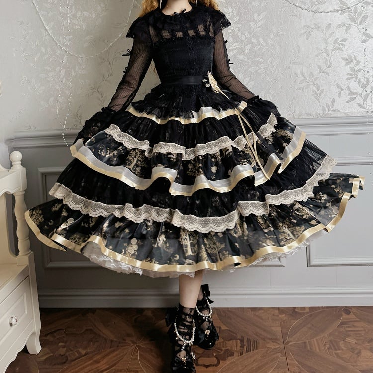Kitty Lolita Bunny Rüschendruck und Rock Schwarz Gold Stufen