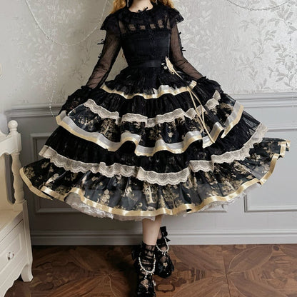 Kitty Lolita Bunny Rüschendruck und Rock Schwarz Gold Stufen