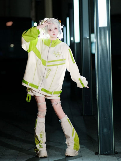 Embroidered Green Futuristic Warmers Cyberpunk Style Colorblock - White Leg