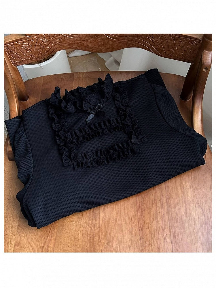 Black Long Sleeve Stand Collar Lolita Knit Top with Lace Trim - With PUJI