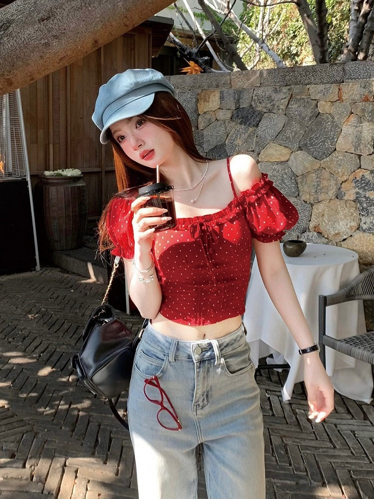 Red Square Neckline Short Sleeve Top with Polka Dot Pattern - Qchiwawameme