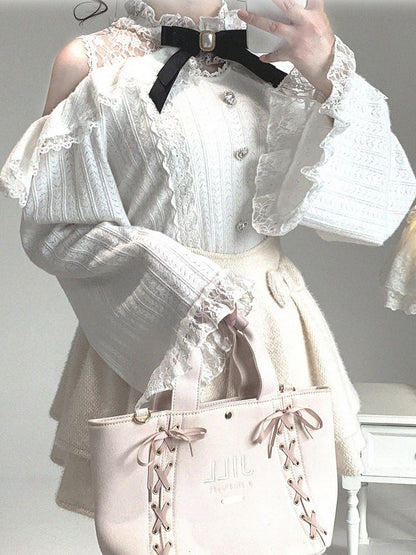 Cutout Lace Shoulder Jirai Heart 3 Colors Rhinestone Blouse Kei Button