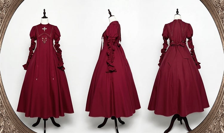 Wine Nun Outfits Halloween Dress Sleeves Cross Lolita Gathering Embroidery Red Juliette