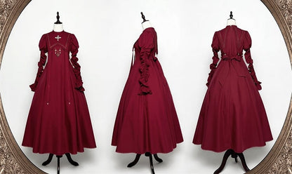 Wine Nun Outfits Halloween Dress Sleeves Cross Lolita Gathering Embroidery Red Juliette