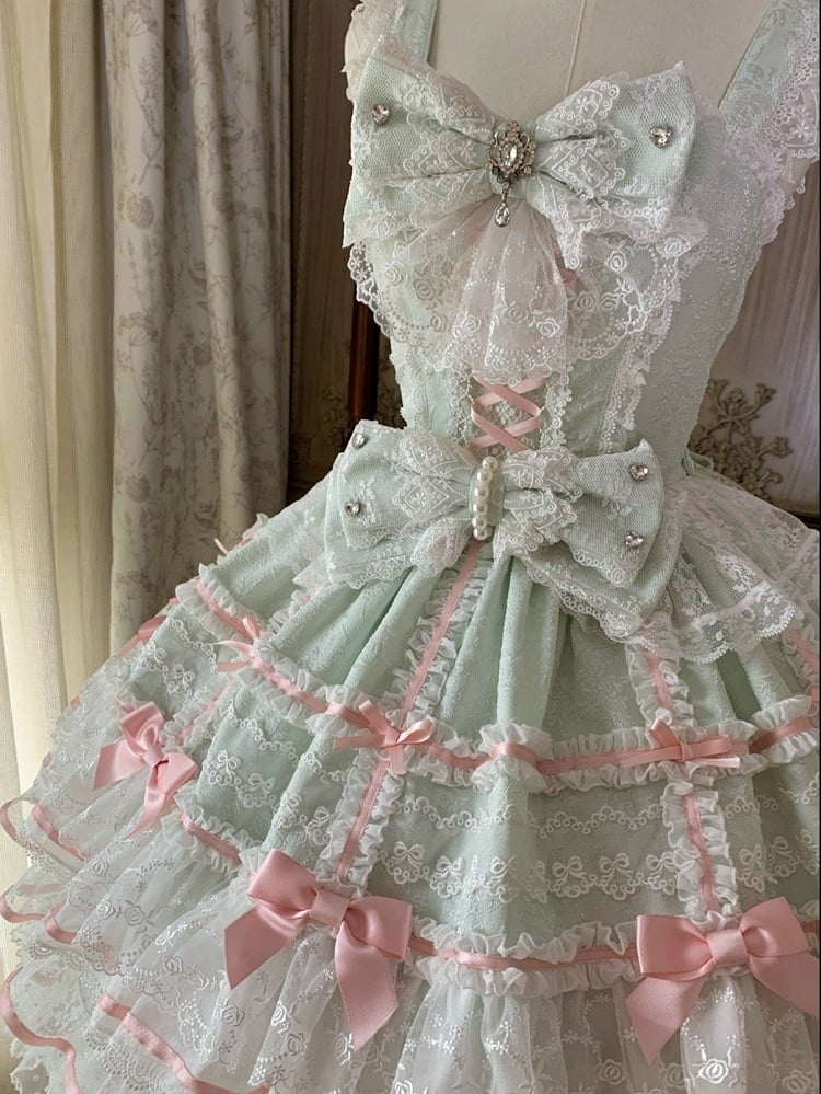 Mintgrüner Lagenrock Hanayome-Kleid Süßer Hime-Lolita-Pulloverrock mit abnehmbaren Schleifen