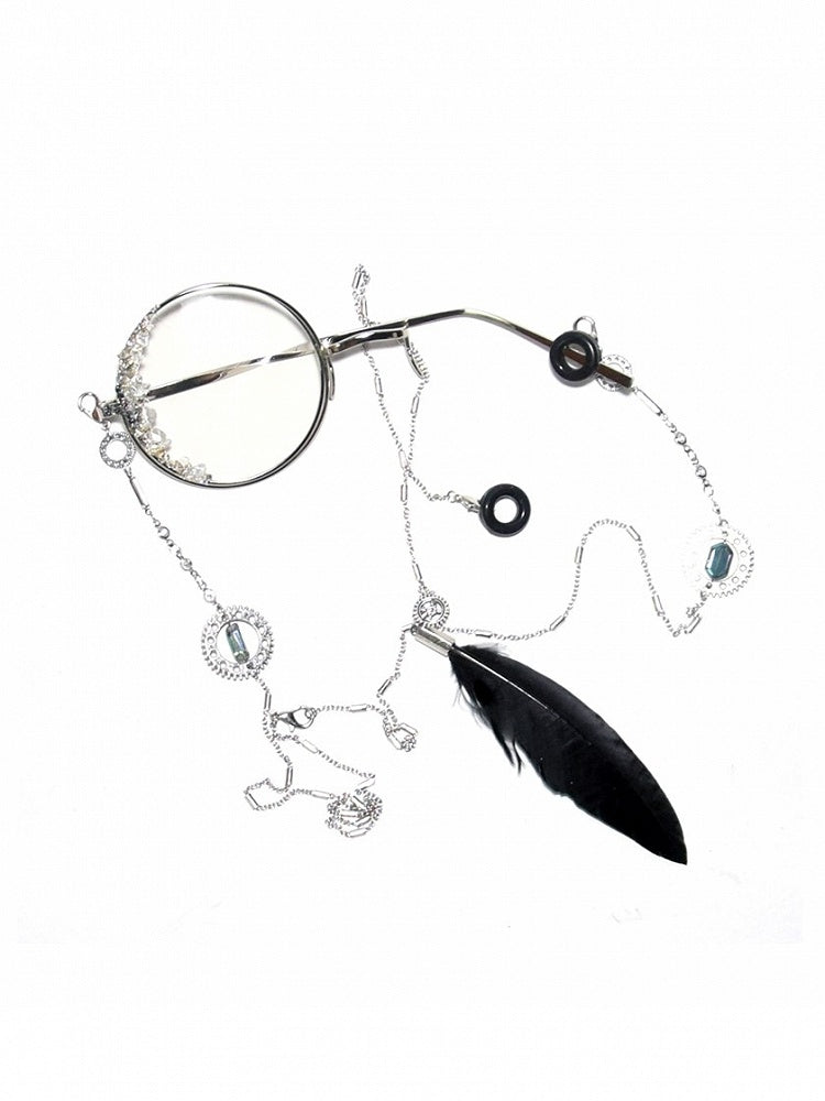 And Eyeglass Charm Black Transparent Chains Feather Steampunk Rhinestone