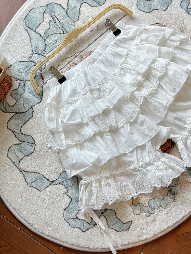 White Lolita Cotton Bloomers Tiered Ruffles Bow Accents - Jelly Girl