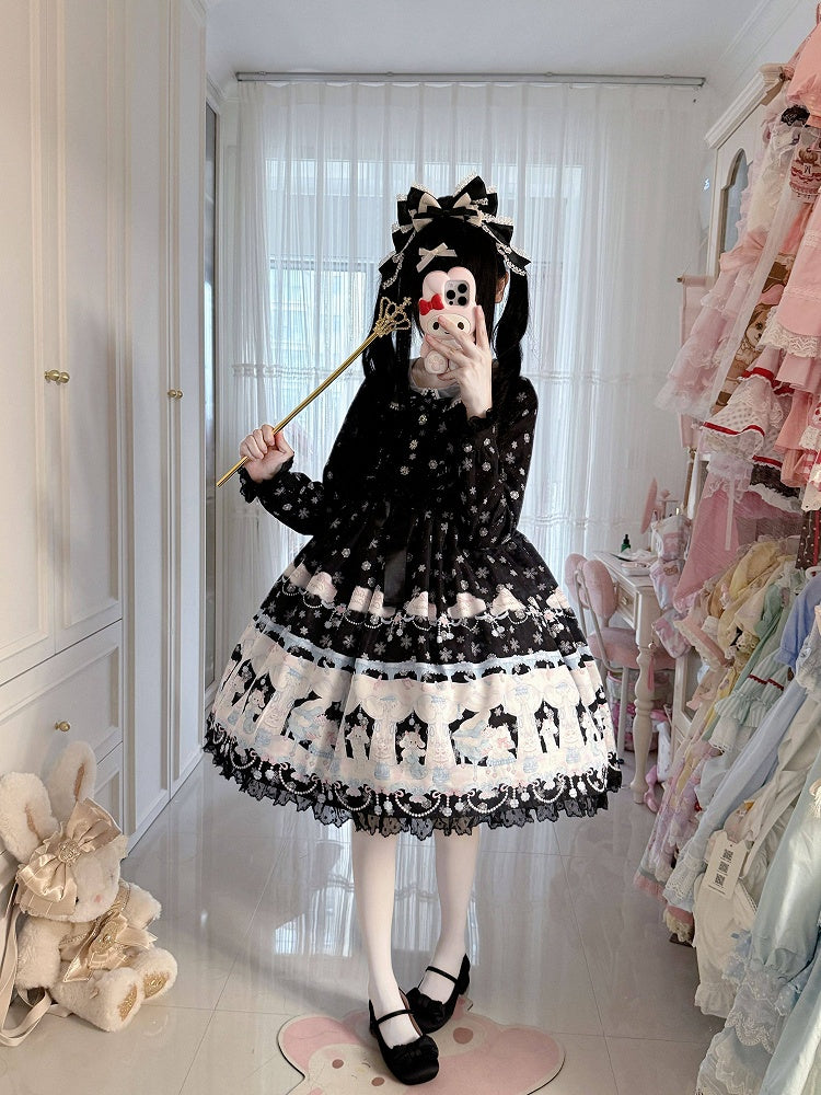 Peter Pan Collar Sweet Lolita Black Long Sleeves Dress with Bunny and Snowflake Print