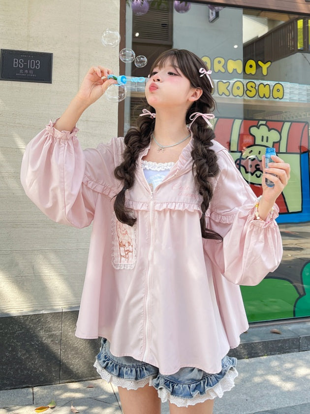 ウサギの耳のデザインフード刺繍アップリケホワイト/ピンクウサギ