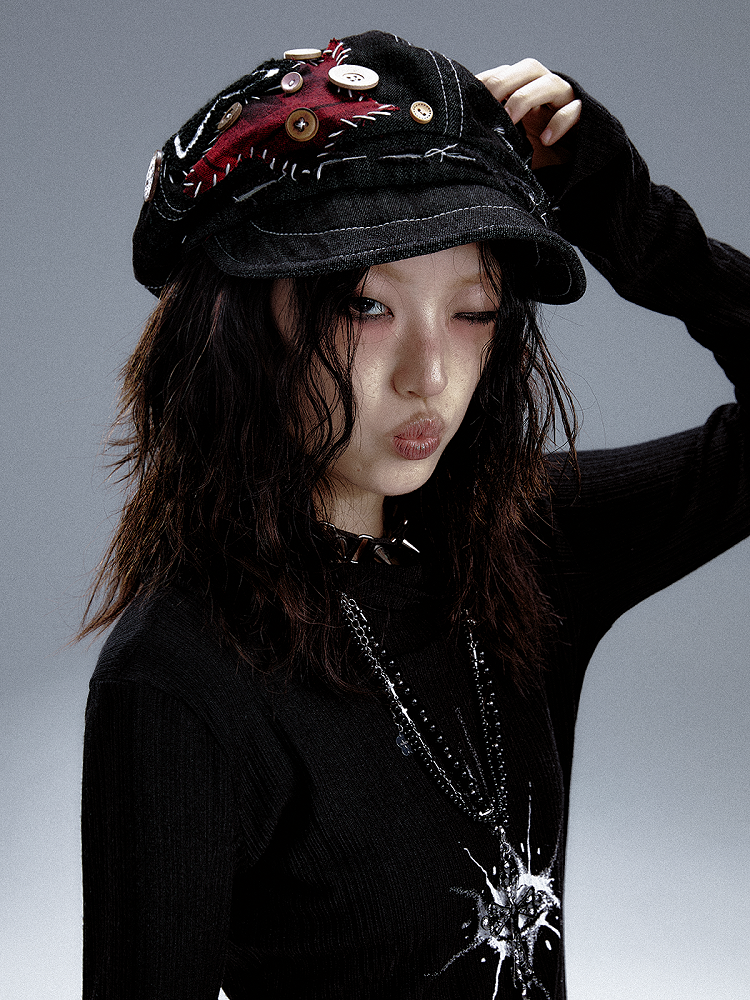Black Beret Bold Unique Handcrafted Detailing with Star Button Denim Appliques