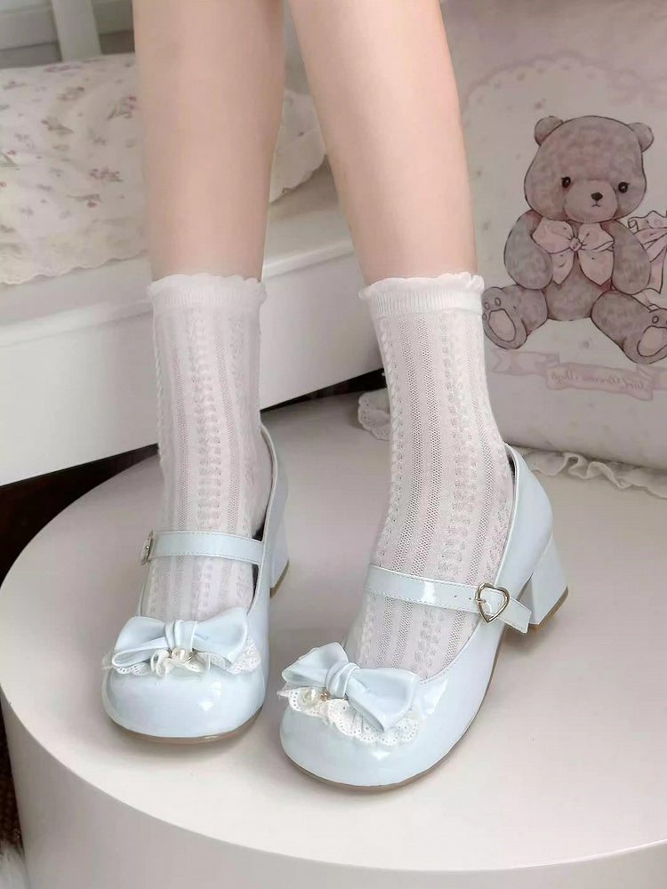 Heart Fastener Blue Round-Toe Lolita Design Mid Sweet - Heels